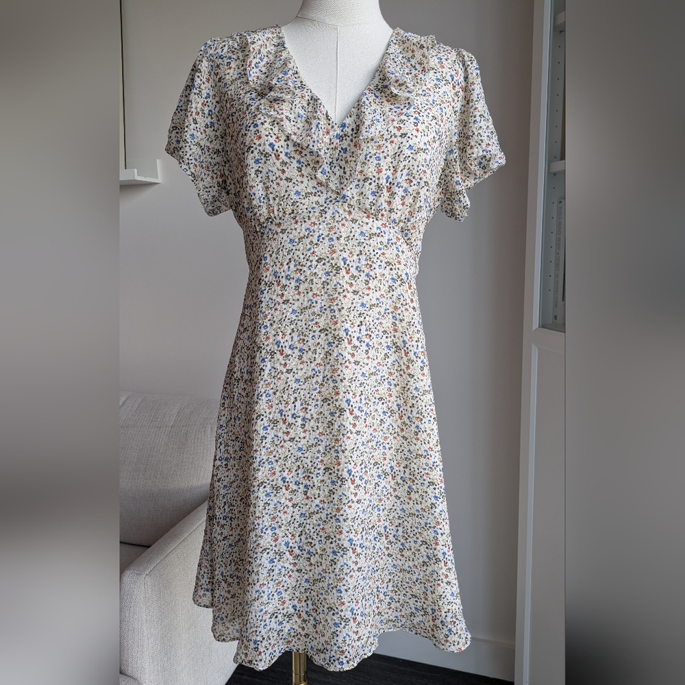 Madewell Floral Silk Ruffle Neck Mini Dress